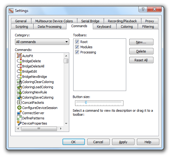 Tools » Settings, Commands/ Device Monitoring Studio Documentation