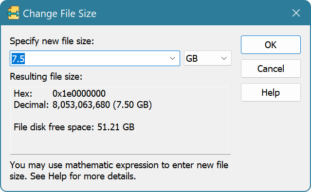 Change File Size Window