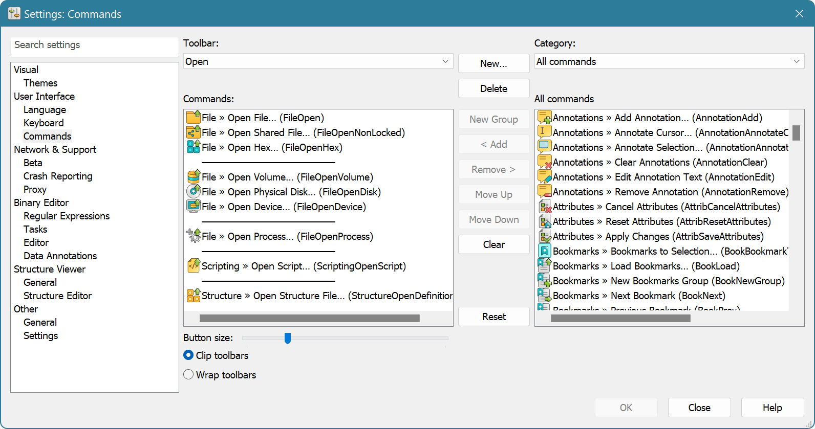 Commands Settings Page