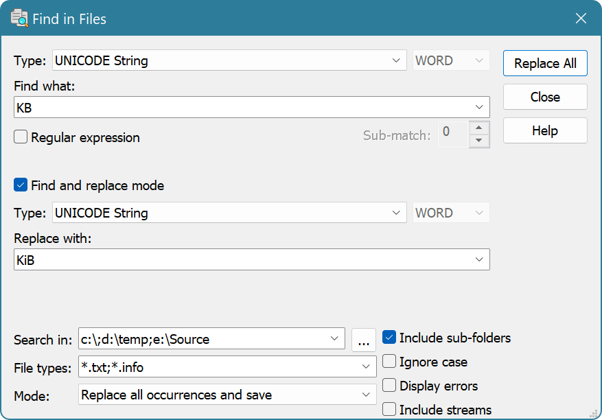 Replace in Files Dialog